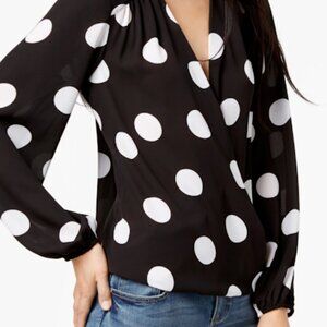 INC  Black and White Polka Dot Long Sleeve Blouson Top, Size XLG